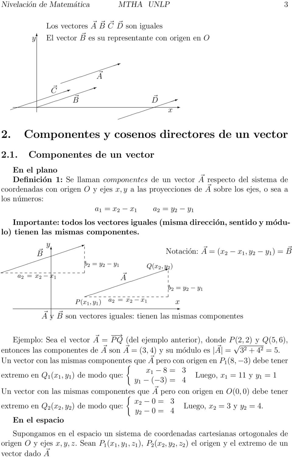 números: a 1 = 2 1 a 2 = y 2 y 1 Importante: todos los vectores iguales (misma dirección, sentido y módulo) tienen las mismas componentes.