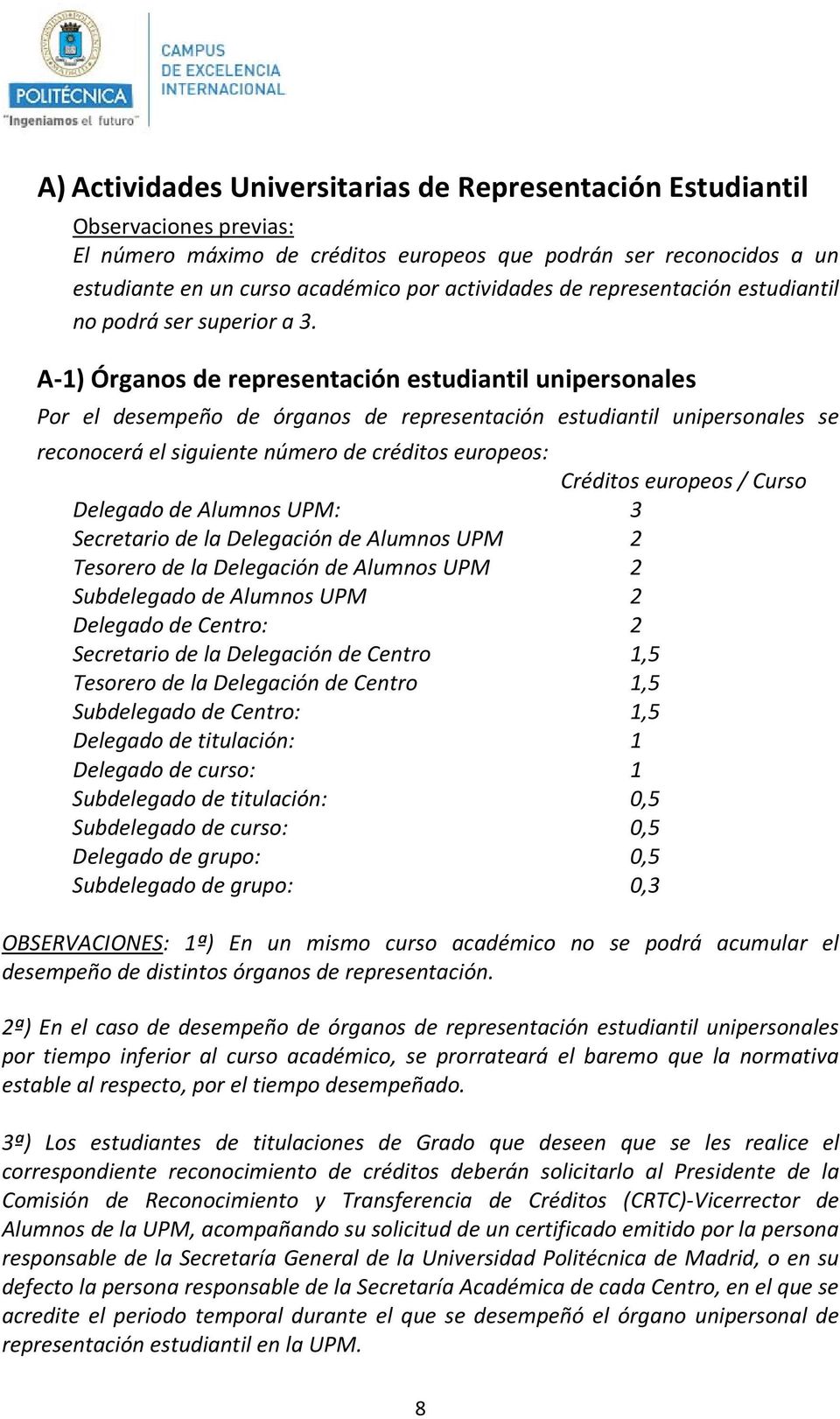 A-1) Órganos de representación estudiantil unipersonales Por el desempeño de órganos de representación estudiantil unipersonales se reconocerá el siguiente número de créditos europeos: Créditos