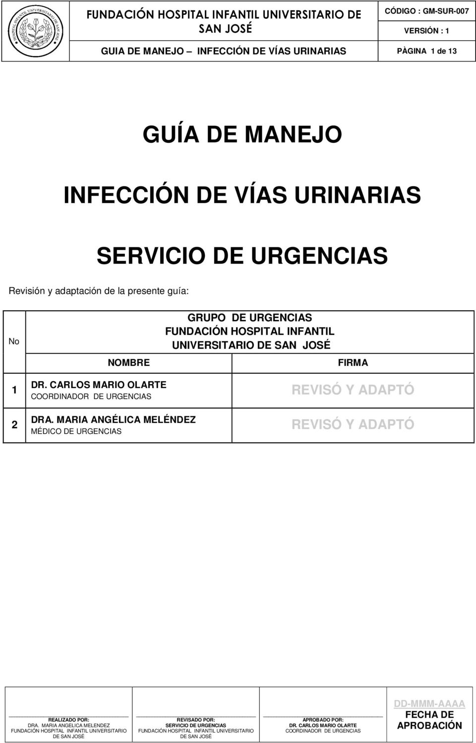 NOMBRE GRUPO DE URGENCIAS FUNDACIÓN HOSPITAL INFANTIL UNIVERSITARIO FIRMA 1