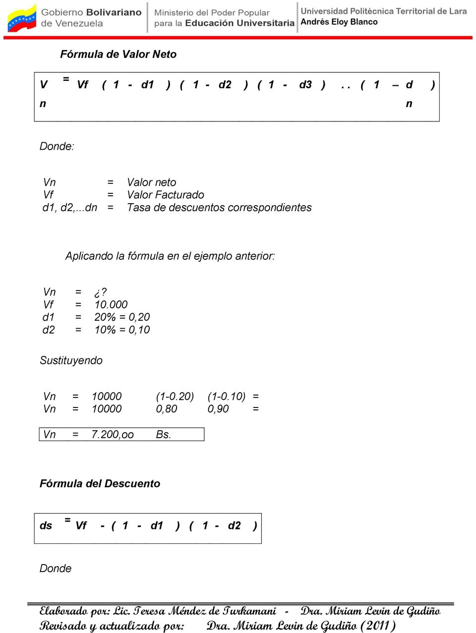 ..dn = Tasa de descuentos correspondientes Aplicando la fórmula en el ejemplo anterior: Vn =? Vf = 10.