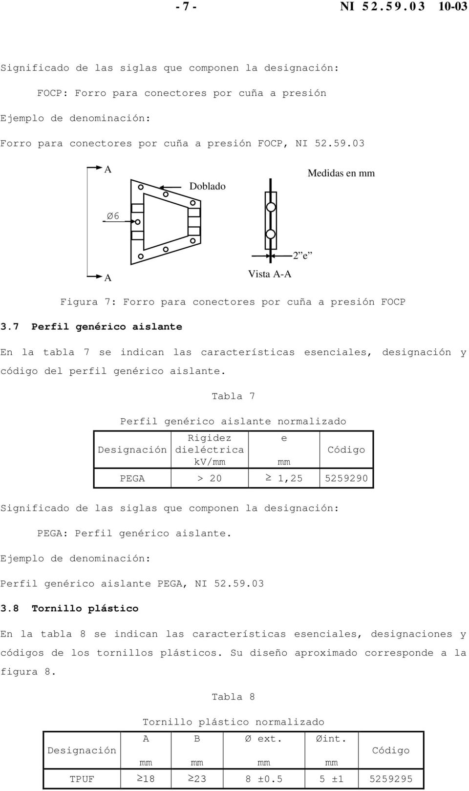 Tabla 7 Perfil genérico aislante normalizado Rigidez e Designación dieléctrica Código kv/mm mm PEG > 20 1,25 5259290 PEG: Perfil genérico aislante. Perfil genérico aislante PEG, NI 52.59.03 3.