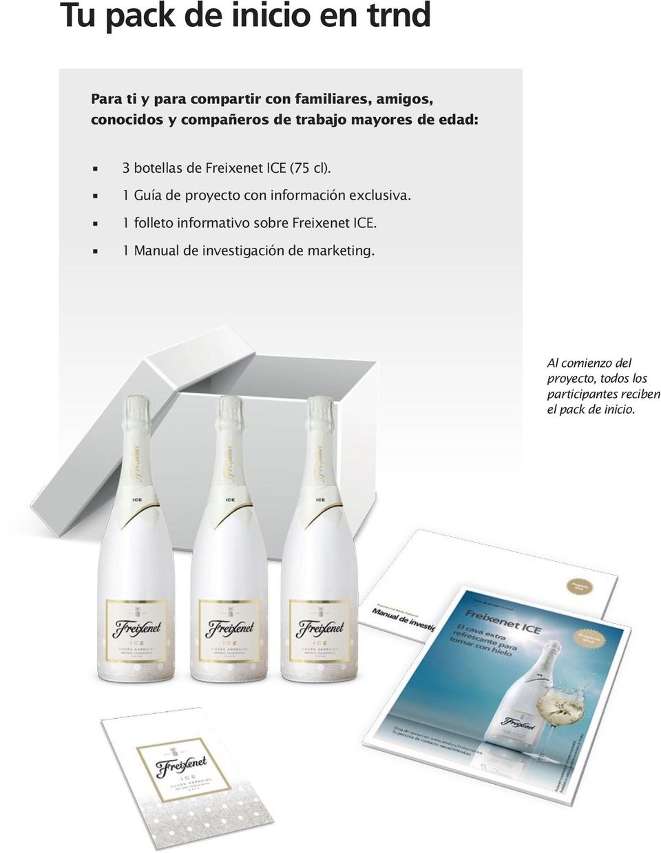 1 Guía de proyecto con información exclusiva. 1 folleto informativo sobre Freixenet ICE.
