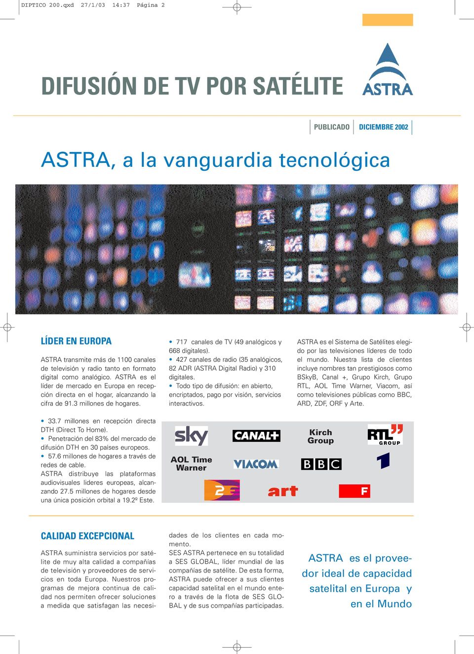 formato digital como analógico. ASTRA es el líder de mercado en Europa en recepción directa en el hogar, alcanzando la cifra de 91.3 millones de hogares.