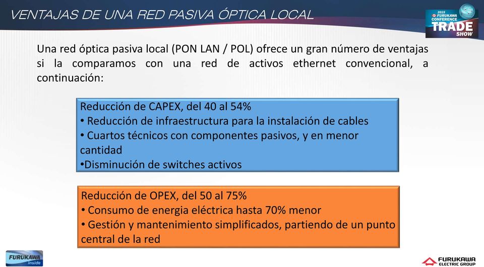 instalación de cables Cuartos técnicos con componentes pasivos, y en menor cantidad Disminución de switches activos Reducción de OPEX,