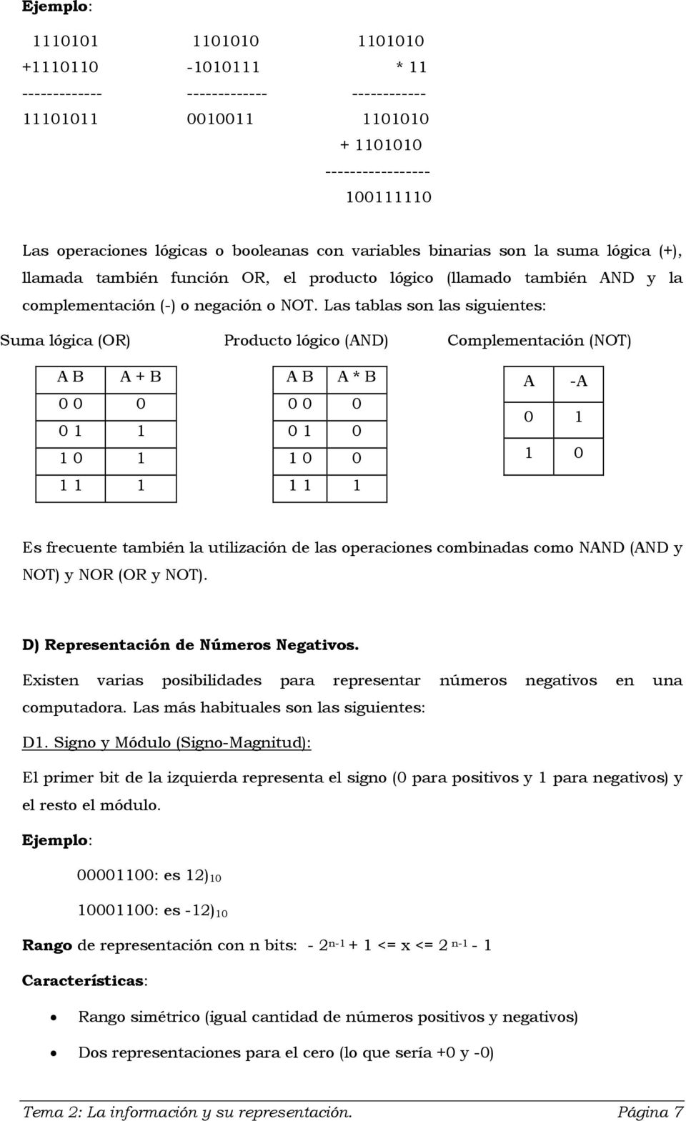 Las tablas son las siguientes: Suma lógica (OR) A B A + B 0 0 0 0 1 1 1 0 1 1 1 1 Producto lógico (AND) A B A * B 0 0 0 0 1 0 1 0 0 1 1 1 Complementación (NOT) A -A 0 1 1 0 Es frecuente también la