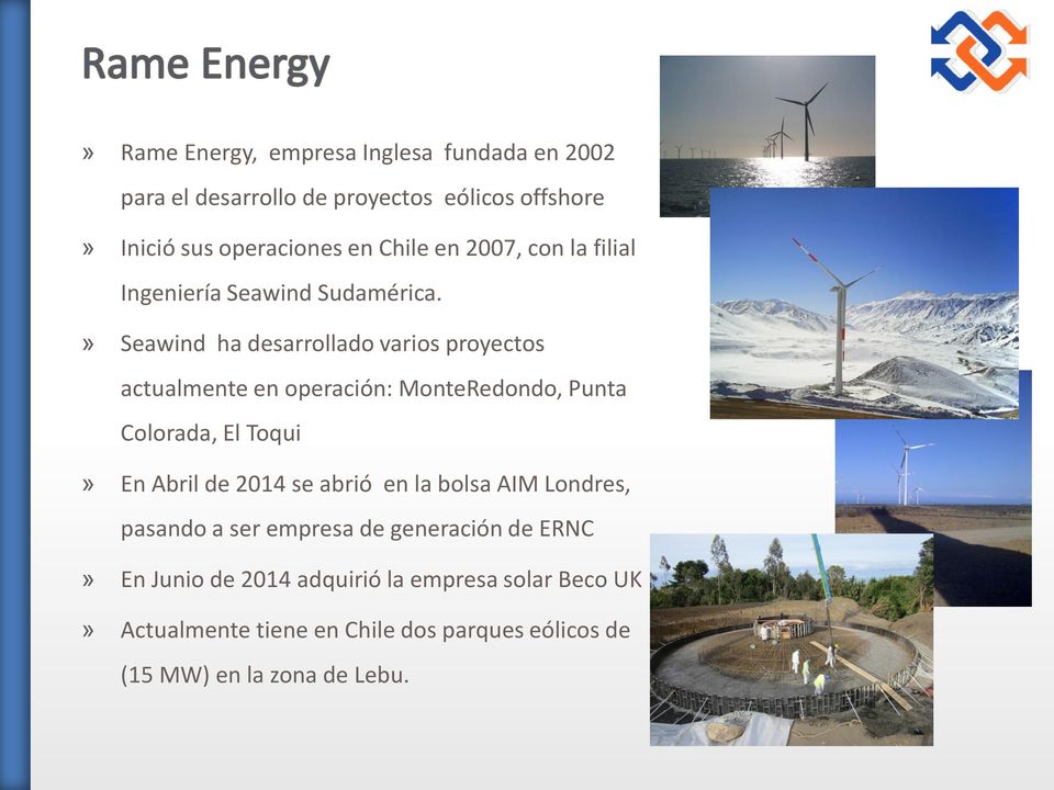 » Seawind ha desarrollado varios proyectos actualmente en operación: MonteRedondo, Punta Colorada, El Toqui» En Abril de 2014 se