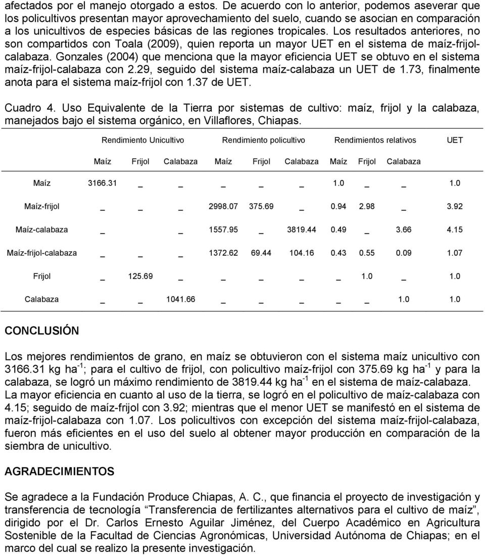 tropicales. Los resultados anteriores, no son compartidos con Toala (2009), quien reporta un mayor UET en el sistema de maíz-frijolcalabaza.