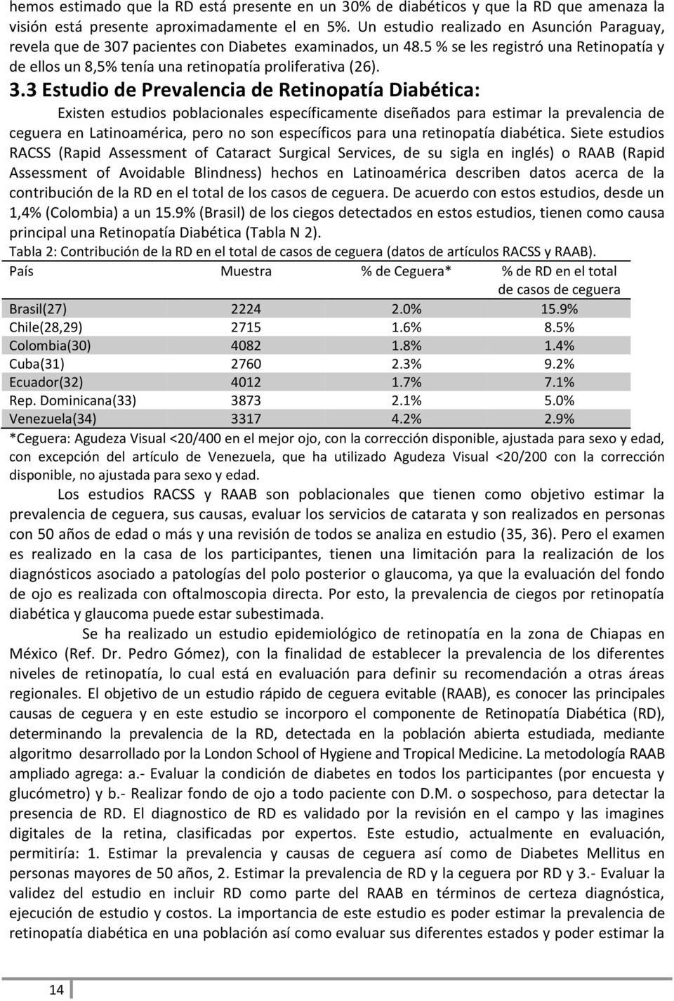 3.3 Estudio de Prevalencia de Retinopatía Diabética: Existen estudios poblacionales específicamente diseñados para estimar la prevalencia de ceguera en Latinoamérica, pero no son específicos para una