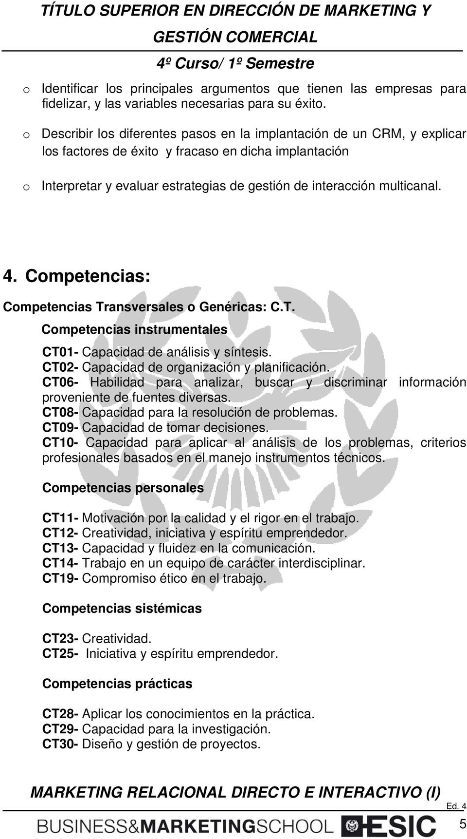 multicanal. 4. Competencias: Competencias Transversales o Genéricas: C.T. Competencias instrumentales CT01- Capacidad de análisis y síntesis. CT02- Capacidad de organización y planificación.