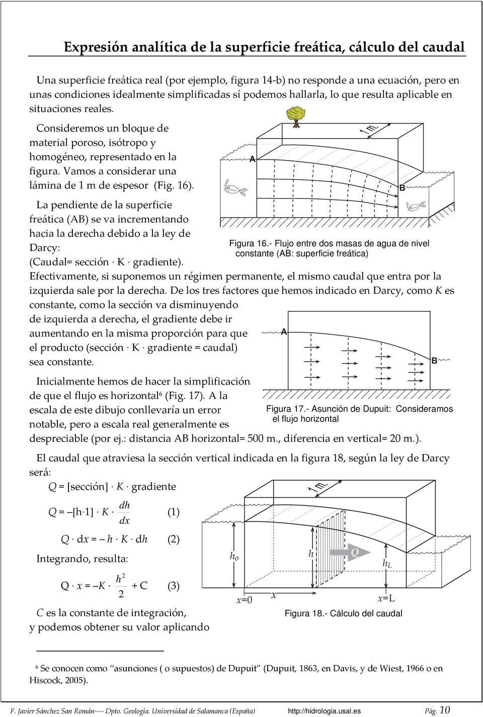 Vamos a considerar una lámina de 1 m de espesor (Fig. 16). La pendiente de la superficie freática (AB) se va incrementando acia la dereca debido a la ley de Darcy: (Caudal= sección K gradiente).