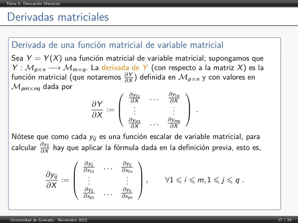 La derivada de Y (con respecto a la matriz X) es la función matricial (que notaremos Y X ) definida en M p n y con valores en M pm nq dada por Y X := y 11 X.