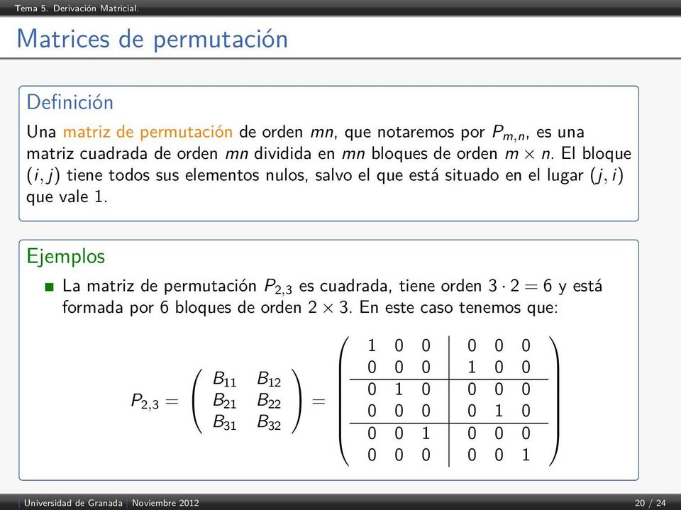 Ejemplos La matriz de permutación P 2,3 es cuadrada, tiene orden 3 2 = 6 y está formada por 6 bloques de orden 2 3.