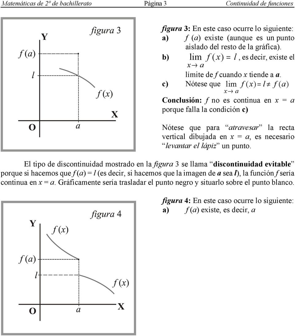 c) Nótese que lim f ( x ) = l f ( ) Conclusión: f no es continu en x = porque fll l condición c) Nótese que pr trvesr l rect verticl dibujd en x =, es necesrio levntr el lápiz un punto.