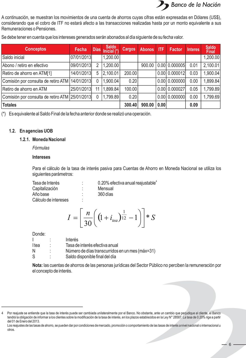 Conceptos Fecha Días Inicial (*) Cargos Abonos ITF Factor Interes Final inicial 07/01/2013 1,200.00 1,200.00 Abono / retiro en efectivo 09/01/2013 2 1,200.00 900.00 0.00 0.000005 0.01 2,100.