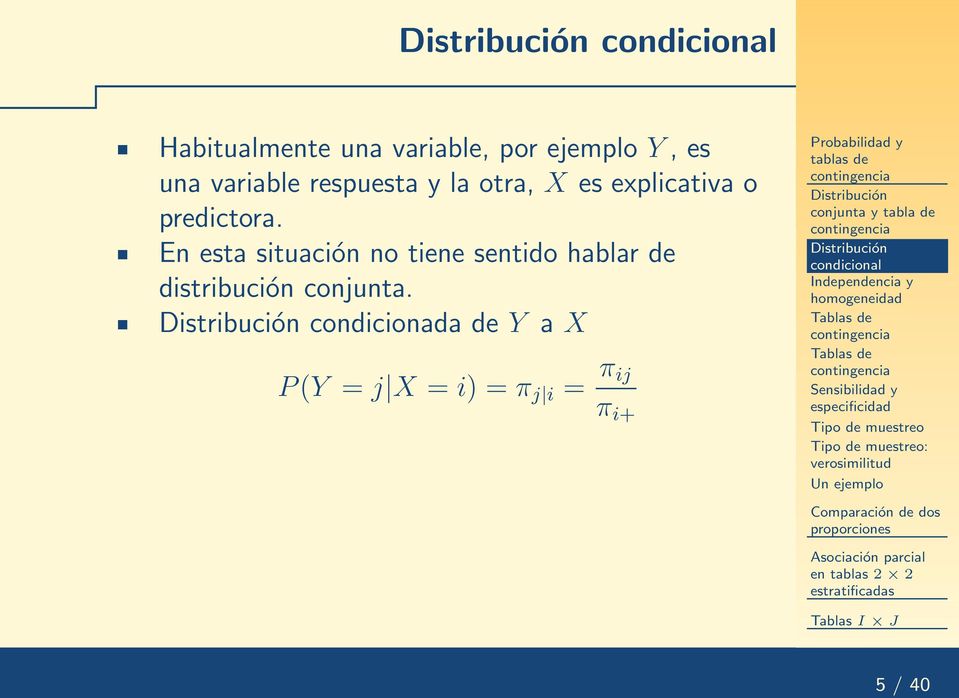 Distribución condicionada de Y a X P(Y = j X = i) = π j i = π ij π i+ Distribución conjunta y tabla de Distribución
