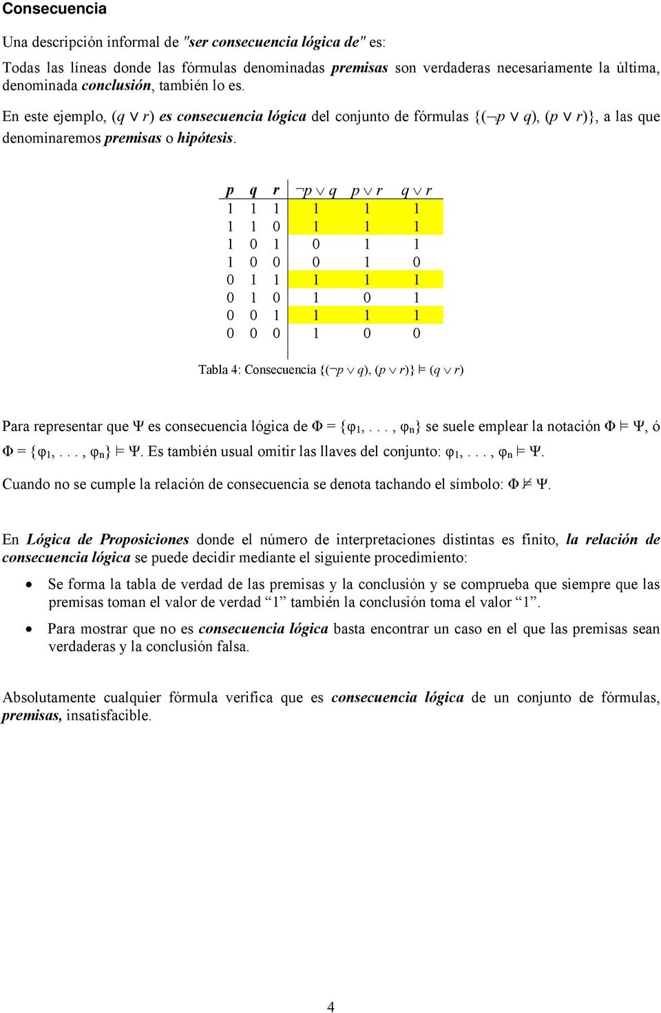 p q r p q p r q r Tabla 4: Consecuencia {( p q), (p r)} (q r) Para representar que Ψ es consecuencia lógica de Φ = {φ,..., φ n } se suele emplear la notación Φ Ψ, ó Φ = {φ,..., φ n } Ψ.