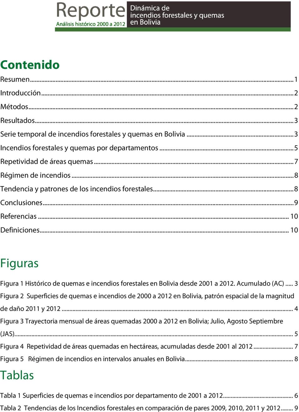 .. 10 Figuras Figura 1 Histórico de quemas e incendios forestales en Bolivia desde 2001 a 2012. Acumulado (AC).