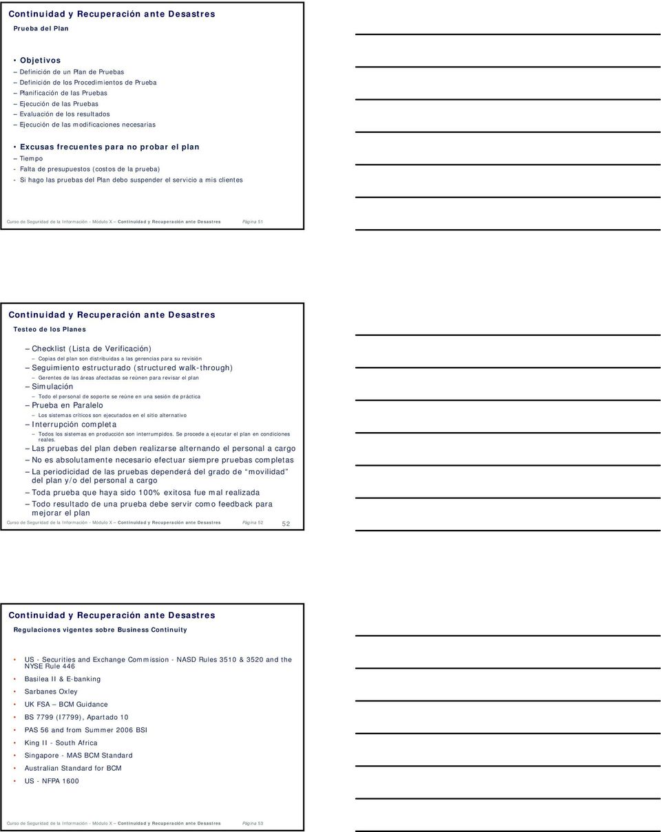 Curso de Seguridad de la Información - Módulo X Página 51 Testeo de los Planes Checklist (Lista de Verificación) Copias del plan son distribuidas a las gerencias para su revisión Seguimiento