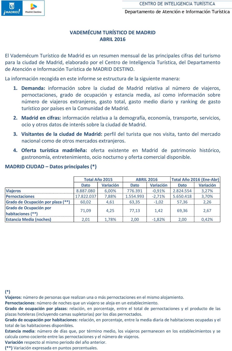 Demanda: información sobre la ciudad de Madrid relativa al número de viajeros, pernoctaciones, grado de ocupación y estancia media, así como información sobre número de viajeros extranjeros, gasto