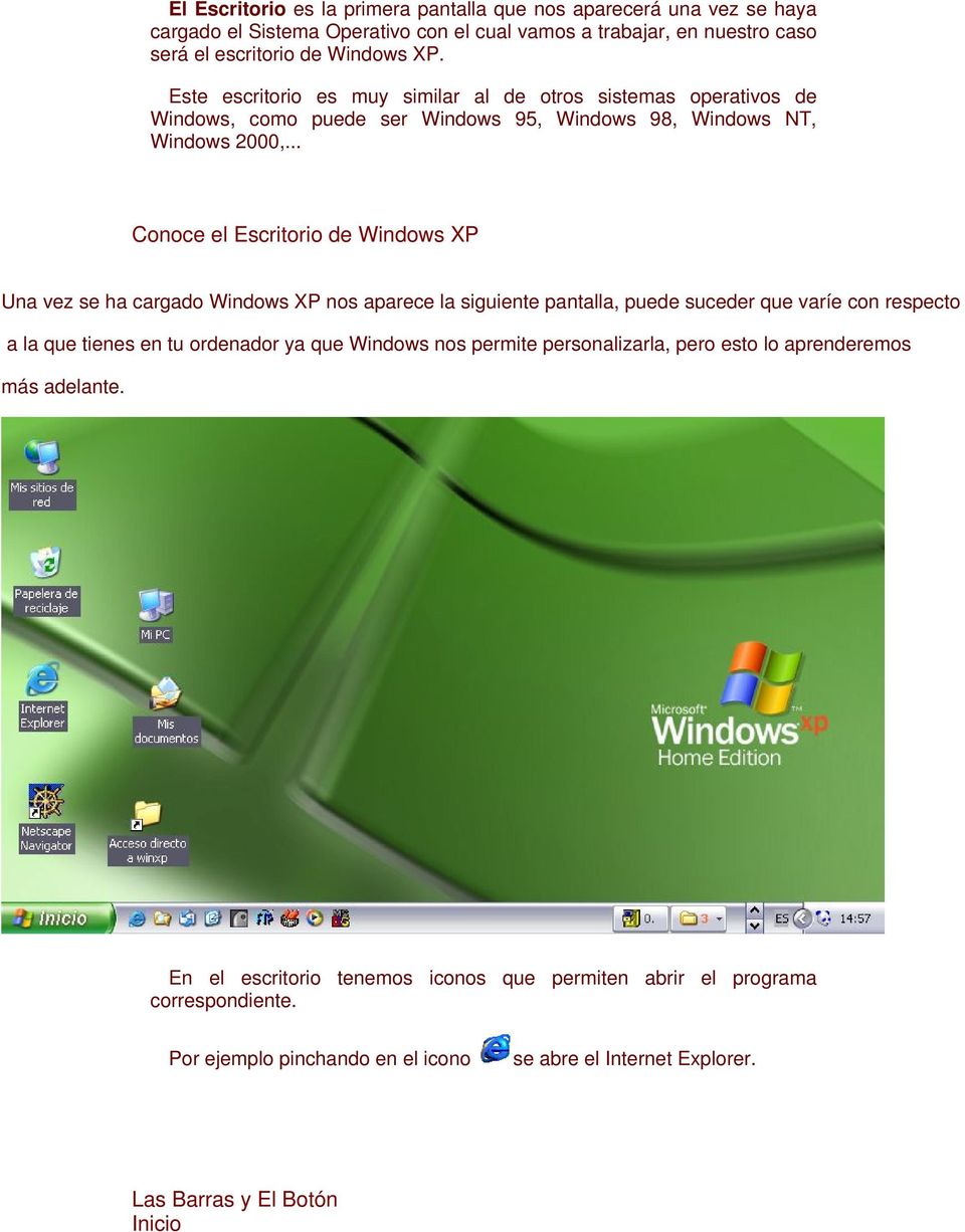 .. Conoce el Escritorio de Windows XP Una vez se ha cargado Windows XP nos aparece la siguiente pantalla, puede suceder que varíe con respecto a la que tienes en tu ordenador ya que