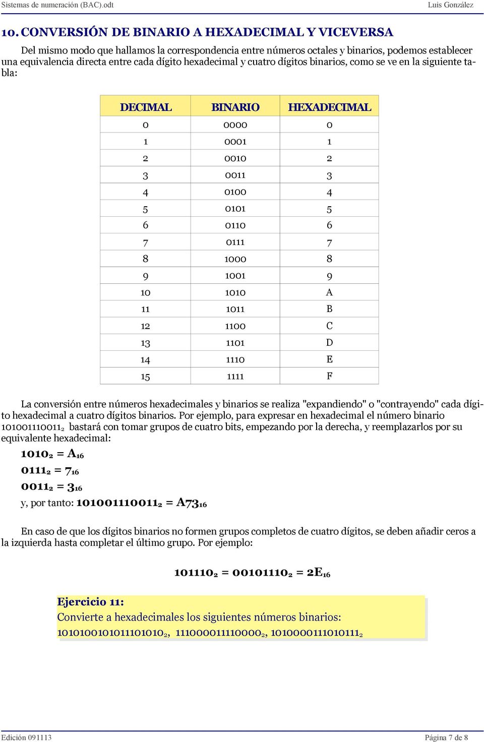 A 11 1011 B 12 1100 C 13 1101 D 14 1110 E 15 1111 F La conversión entre números hexadecimales y binarios se realiza "expandiendo" o "contrayendo" cada dígito hexadecimal a cuatro dígitos binarios.