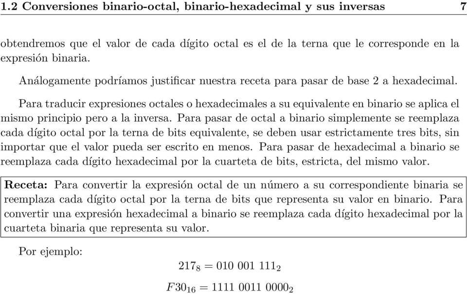 Para traducir expresiones octales o hexadecimales a su equivalente en binario se aplica el mismo principio pero a la inversa.