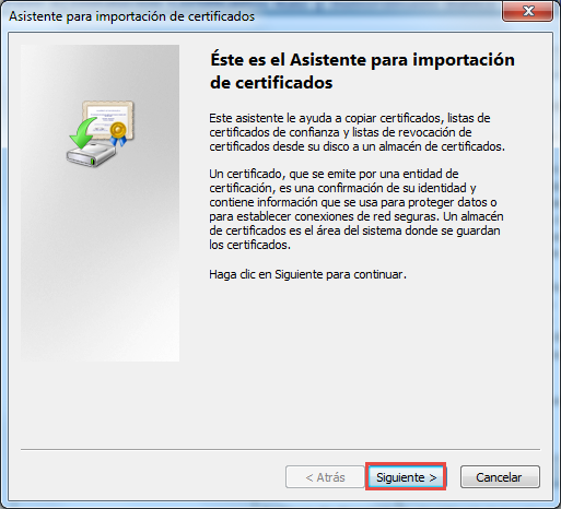 Figura 23: Seleccionar Instalar Certificado Se visualizará la ventana del Asistente para la importación de certificados, en la primera pantalla se debe dar clic en el botón Siguiente Figura