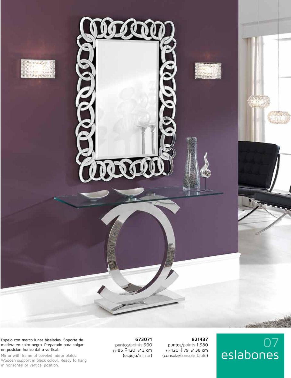 Mirror with frame of beveled mirror plates. Wooden support in black colour.