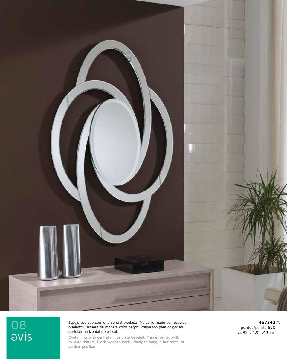 Oval mirror with central mirror plate beveled. Frame formed with beveled mirrors.