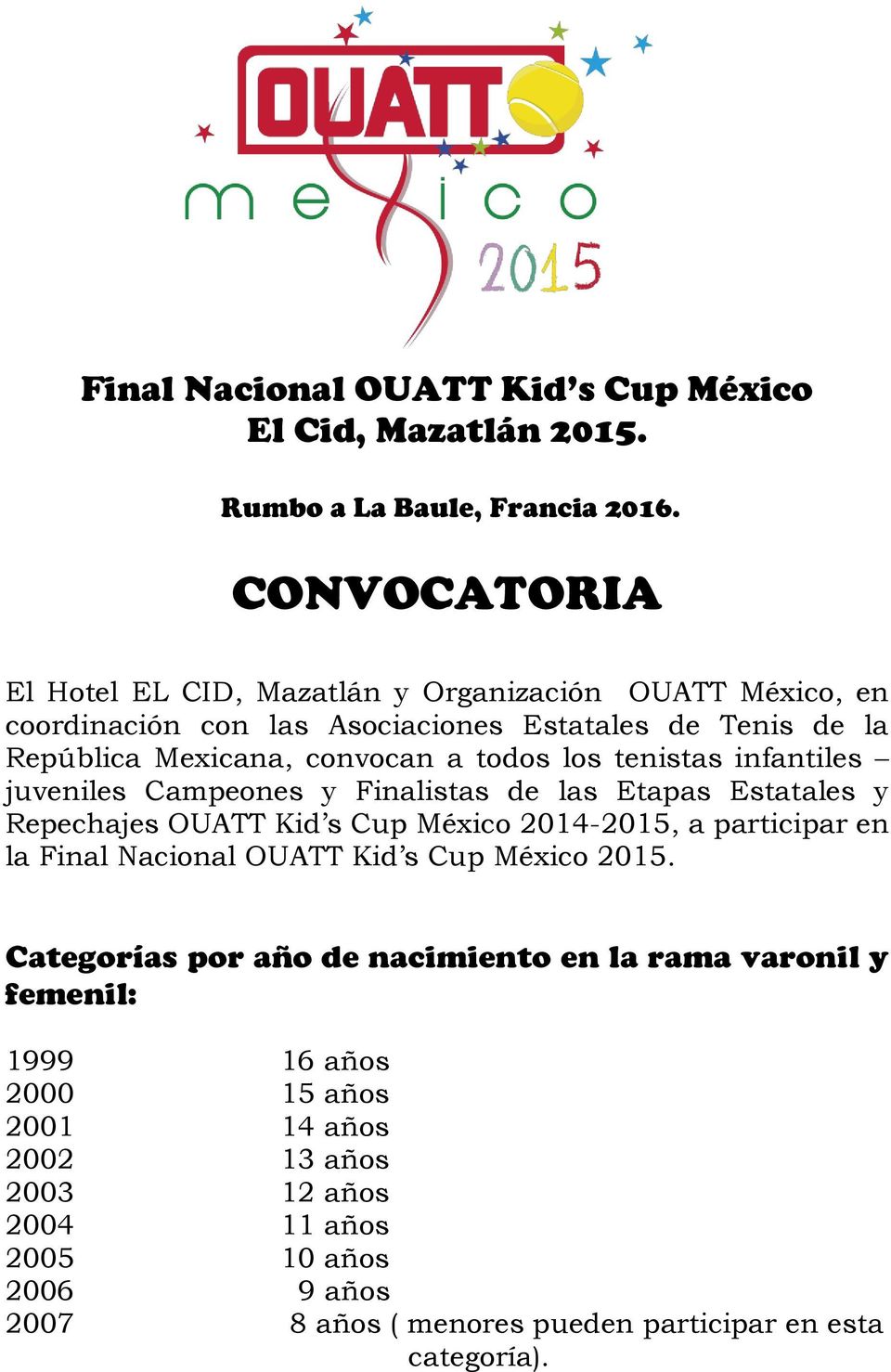 los tenistas infantiles juveniles Campeones y Finalistas de las Etapas Estatales y Repechajes OUATT Kid s Cup México 2014-2015, a participar en la Final Nacional OUATT