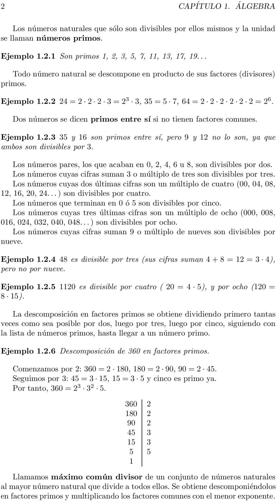 Dos números se dicen primos entre sí si no tienen factores comunes. Ejemplo 1.2.3 35 y 16 son primos entre sí, pero 9 y 12 no lo son, ya que ambos son divisibles por 3.