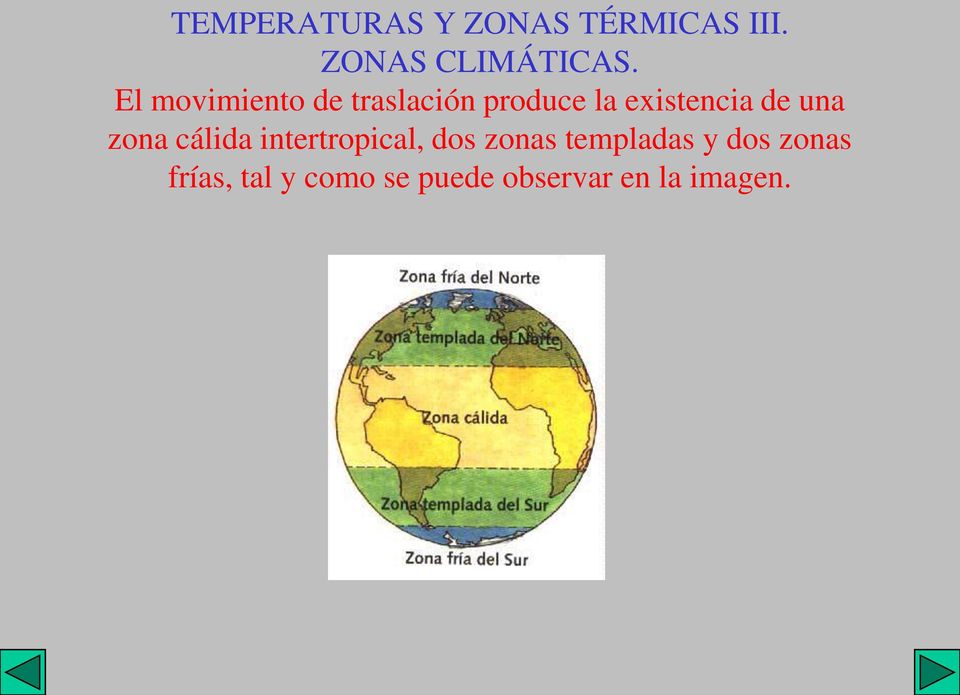 una zona cálida intertropical, dos zonas templadas y