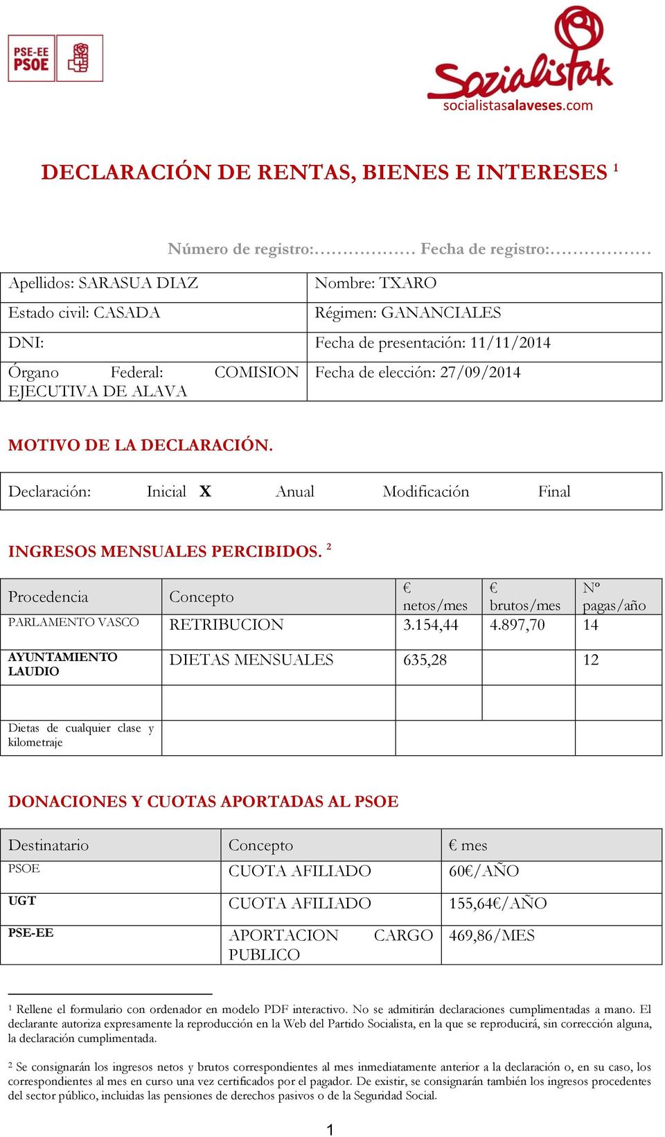 2 Nº Procedencia Concepto netos/mes brutos/mes pagas/año PARLAMENTO VASCO RETRIBUCION 3.154,44 4.