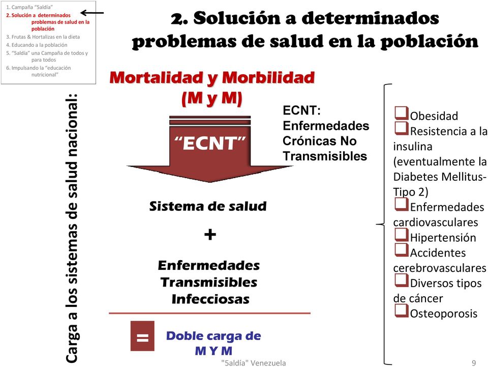 Solución a determinados problemas de salud en la población Mortalidad y Morbilidad (M y M) = ECNT Sistema de salud + Enfermedades Transmisibles Infecciosas Doble carga de M Y