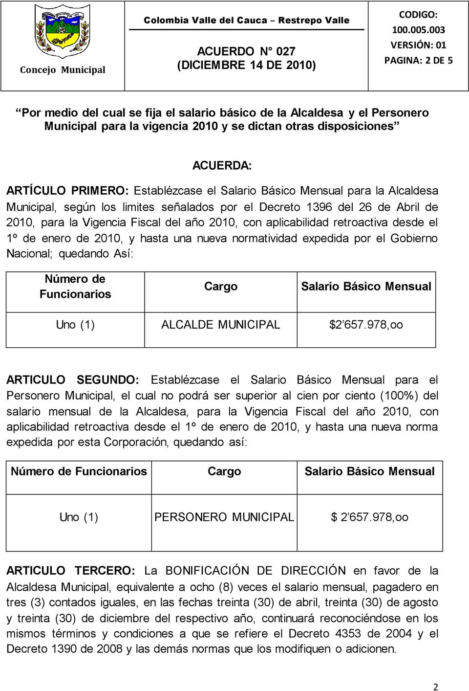 Básico Mensual Uno (1) ALCALDE MUNICIPAL $2 657.