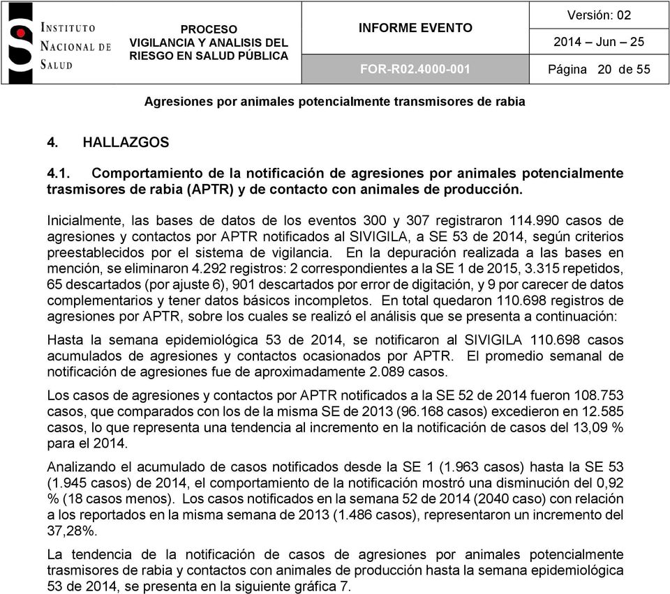 990 casos de agresiones y contactos por APTR notificados al SIVIGILA, a SE 53 de 2014, según criterios preestablecidos por el sistema de vigilancia.