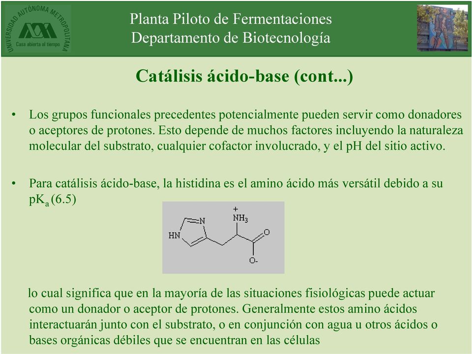 Para catálisis ácido-base, la histidina es el amino ácido más versátil debido a su pk a (6.
