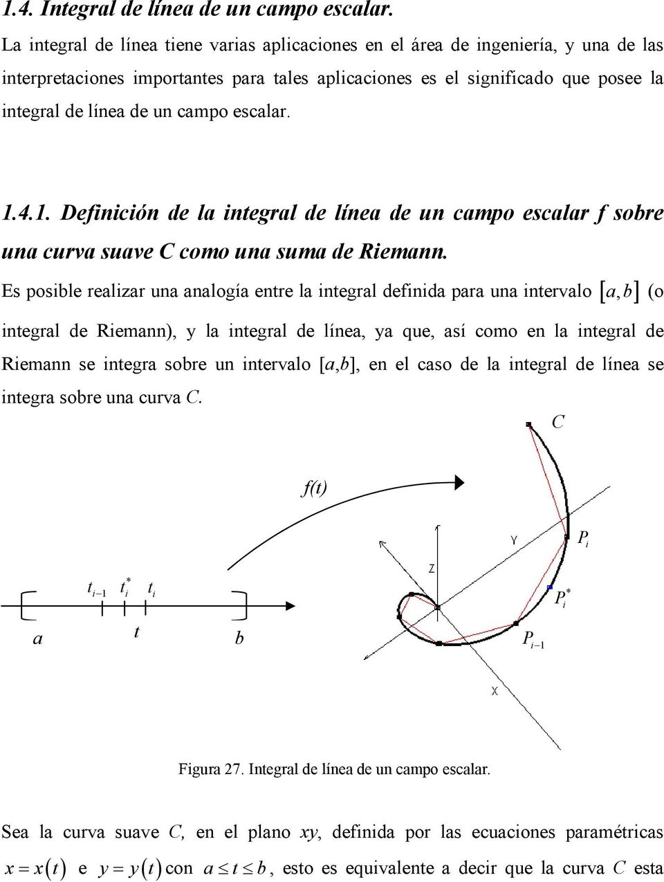 . Definición de l integrl de líne de un cmpo esclr f sobre un curv suve como un sum de Riemnn.