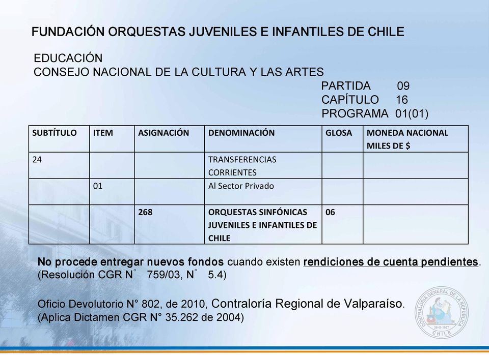ORQUESTAS SINFÓNICAS JUVENILES E INFANTILES DE CHILE 06 No procede entregar nuevos fondos cuando existen rendiciones de cuenta pendientes.