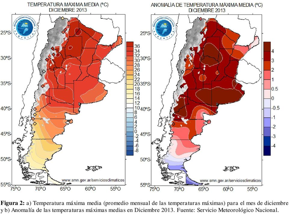 diciembre y b) Anomalía de las temperaturas máximas