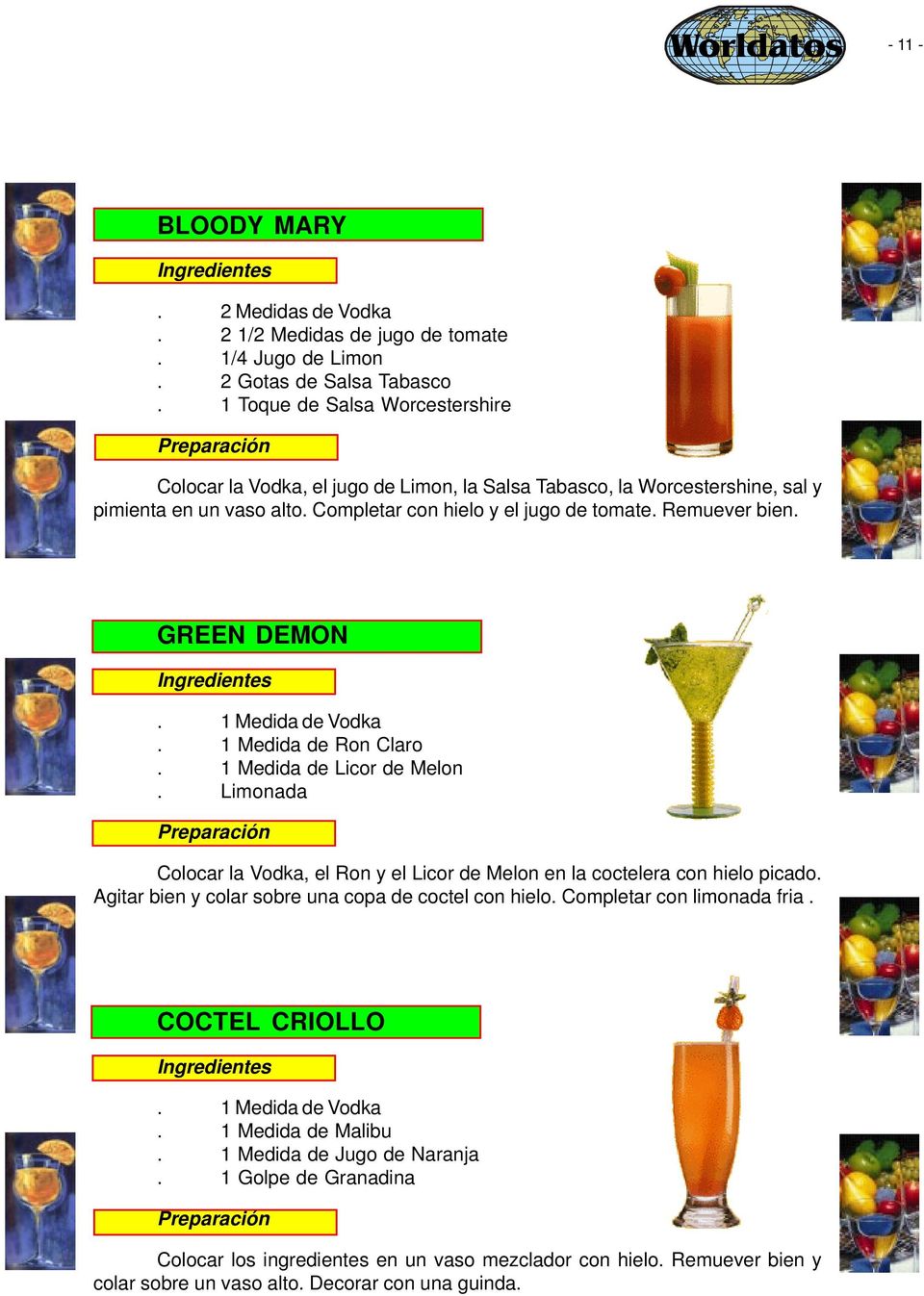 Remuever bien. GREEN DEMON Ingredientes. 1 Medida de Vodka. 1 Medida de Ron Claro. 1 Medida de Licor de Melon.