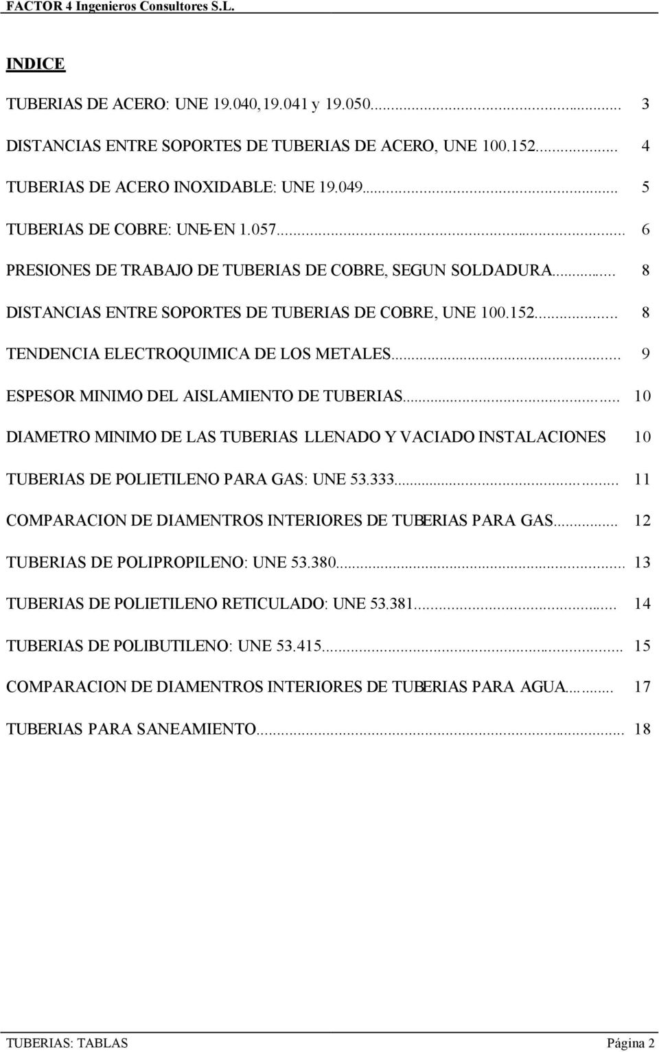 .. 9 ESPESOR MINIMO DEL AISLAMIENTO DE TUBERIAS... 10 DIAMETRO MINIMO DE LAS TUBERIAS LLENADO Y VACIADO INSTALACIONES 10 TUBERIAS DE POLIETILENO PARA GAS: UNE 53.333.