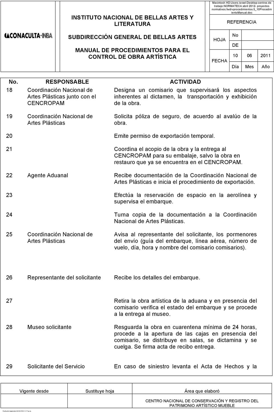 19 Coordinación Nacional de Solicita póliza de seguro, de acuerdo al avalúo de la obra. 20 Emite permiso de exportación temporal.