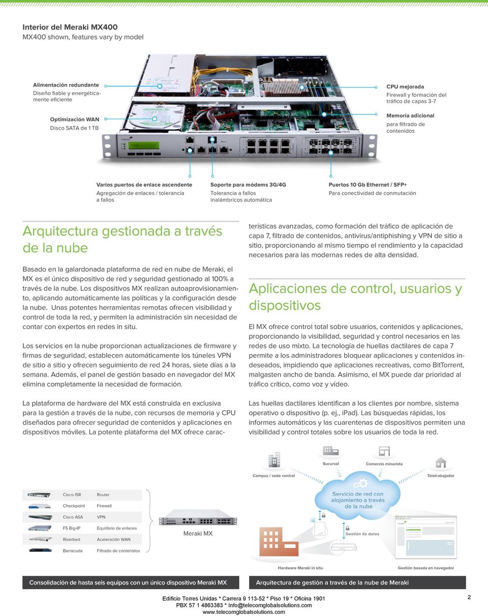 inalámbricos automática Puertos 10 Gb Ethernet / SFP+ Para conectividad de conmutación Arquitectura gestionada a través de la nube Basado en la galardonada plataforma de red en nube de Meraki, el MX