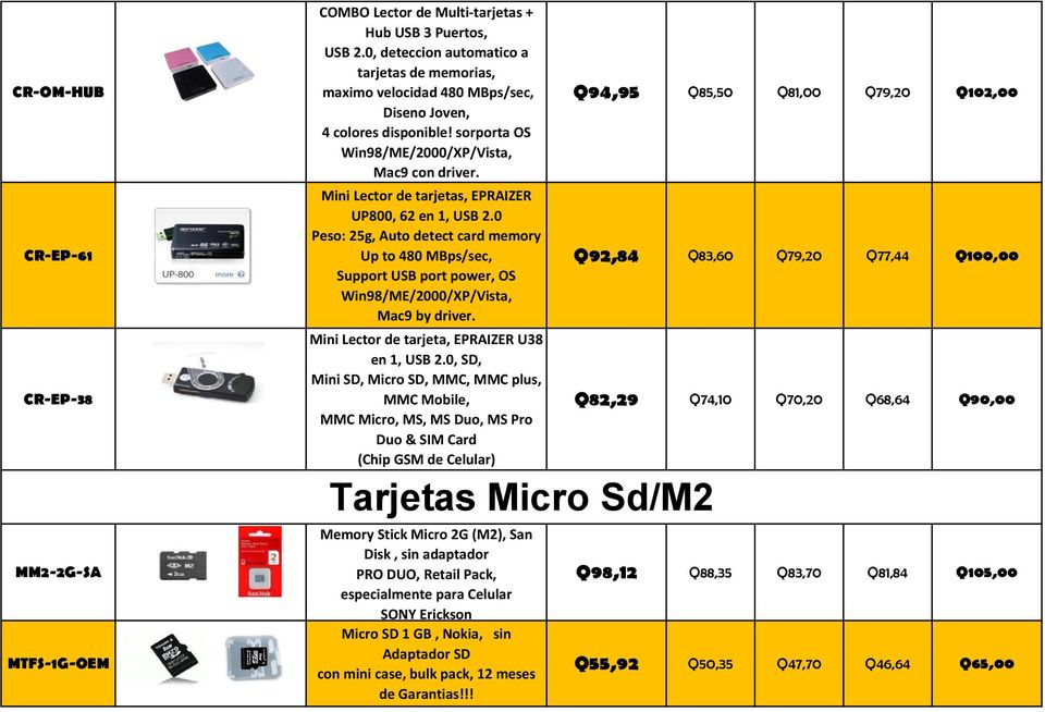 Mini Lector de tarjetas, EPRAIZER UP800, 62 en 1, USB 2.0 Peso: 25g, Auto detect card memory Up to 480 MBps/sec, Support USB port power, OS Win98/ME/2000/XP/Vista, Mac9 by driver.