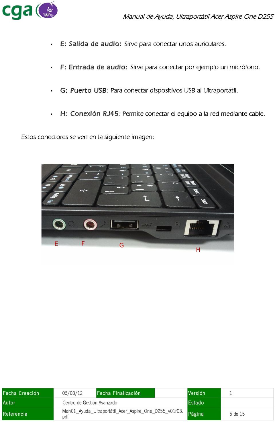 G: Puerto USB: Para conectar dispositivos USB al Ultraportátil.