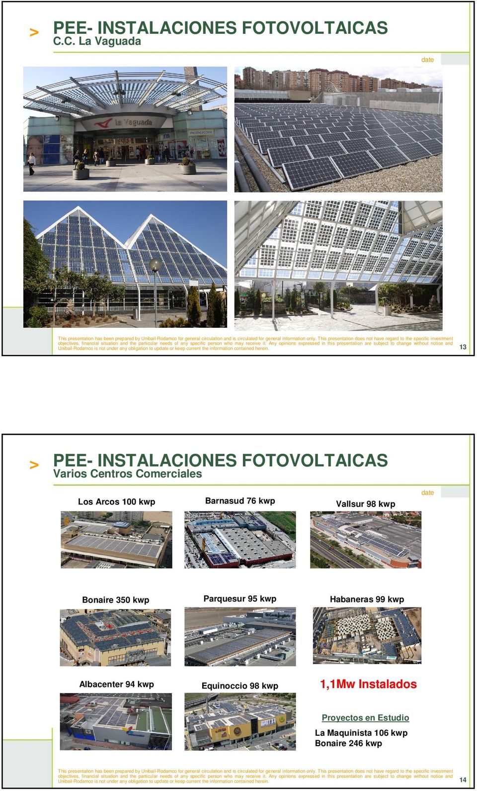Parquesur 95 kwp Habaneras 99 kwp Albacenter 94 kwp Equinoccio 98 kwp 1,1Mw Instalados Proyectos en Estudio La Maquinista 106 kwp