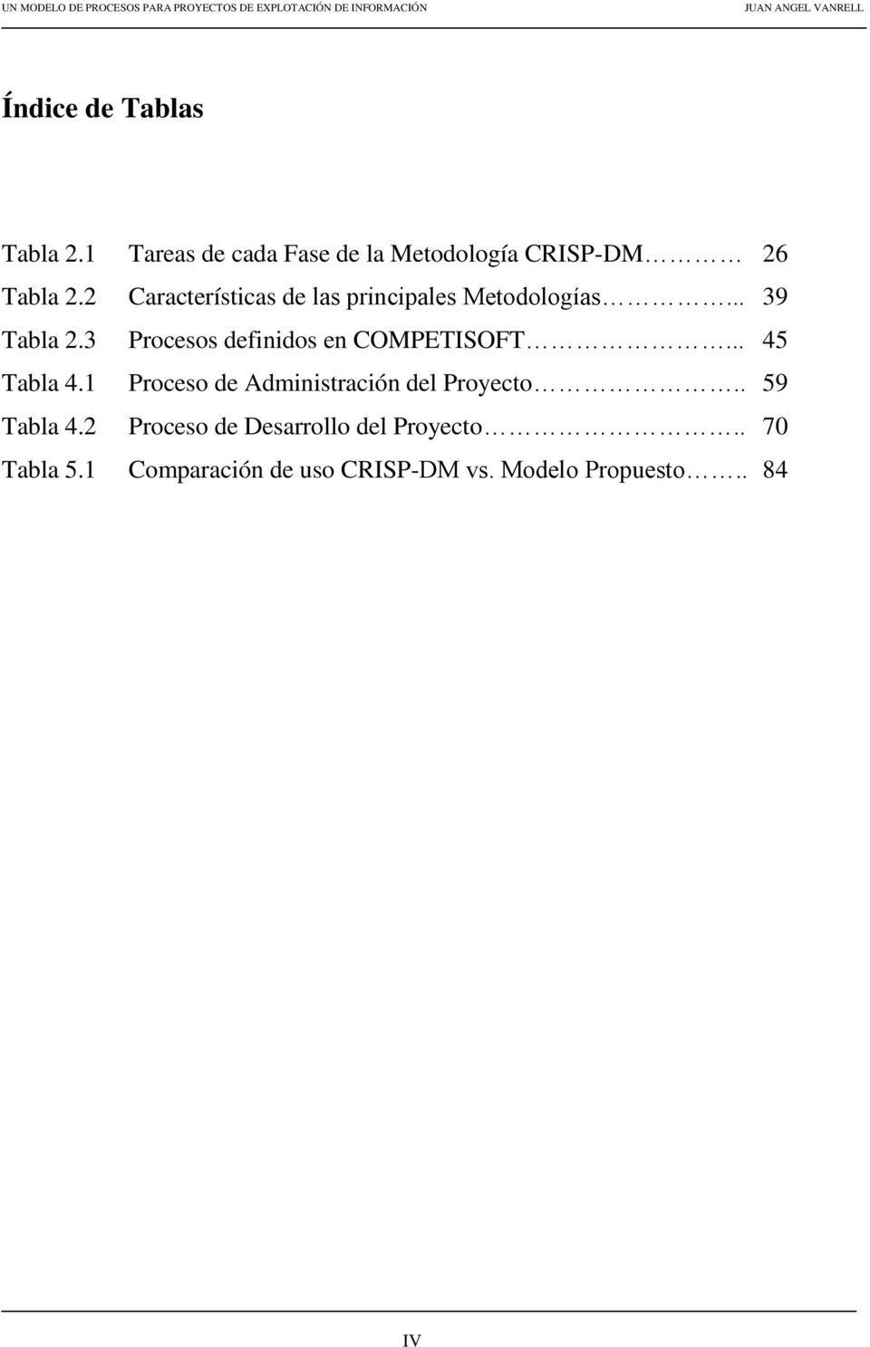 3 Procesos definidos en COMPETISOFT... 45 Tabla 4.1 Proceso de Administración del Proyecto.