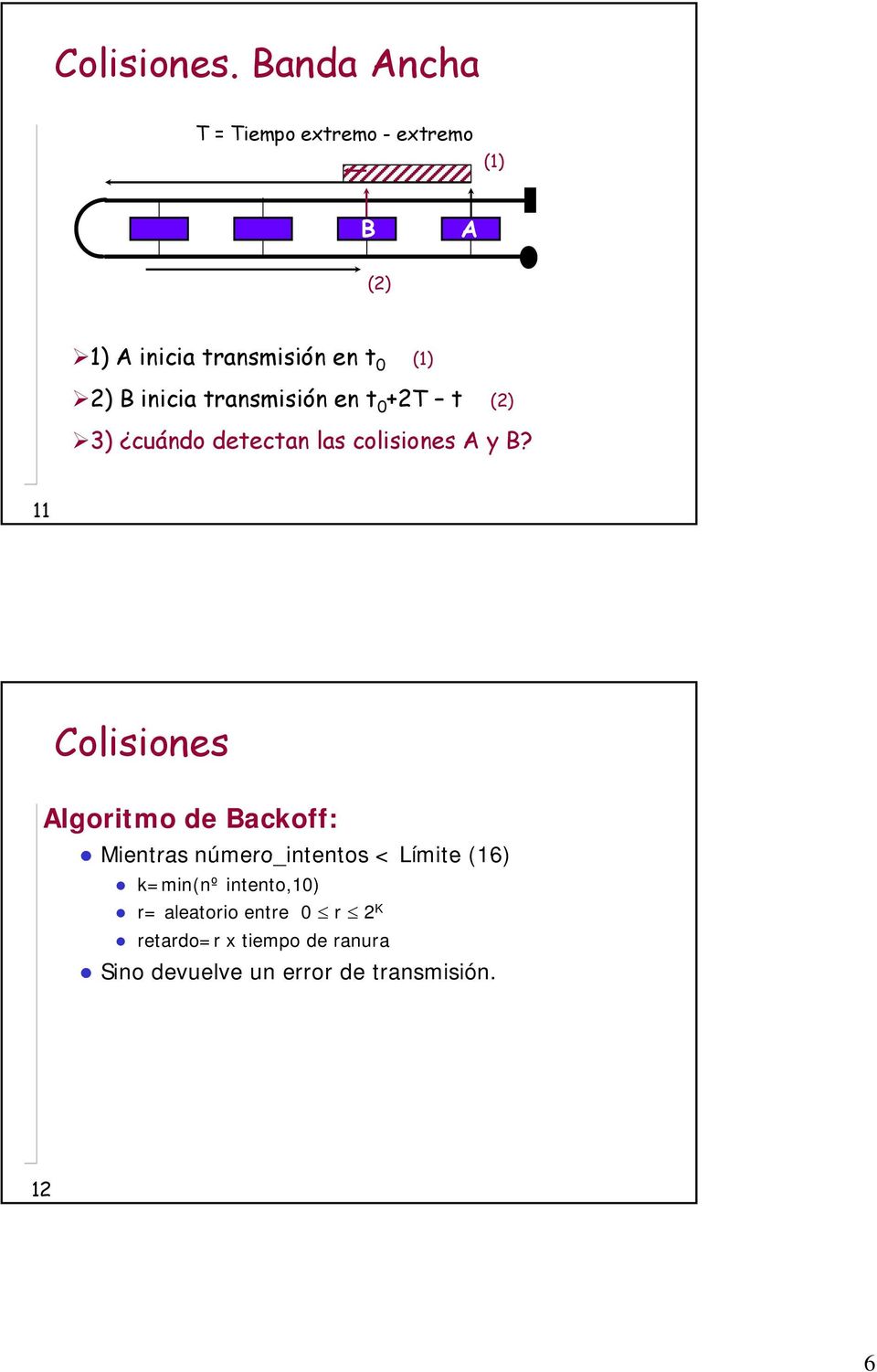 2) B inicia transmisión en t 0 +2T t (2) 3) cuándo detectan las colisiones A y B?
