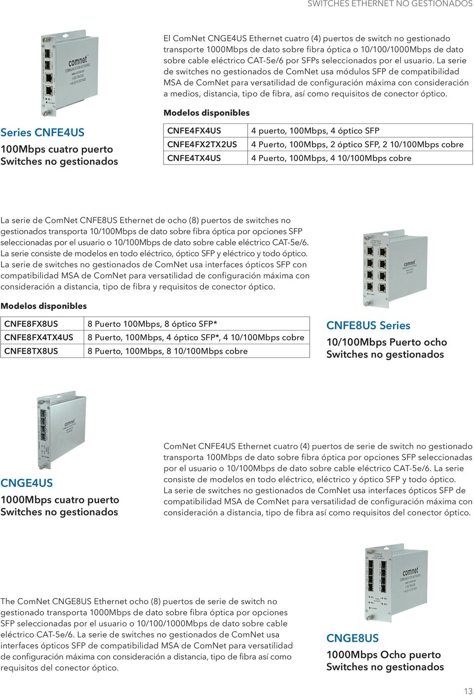 La serie de switches no gestionados de ComNet usa módulos SFP de compatibilidad MSA de ComNet para versatilidad de configuración máxima con consideración a medios, distancia, tipo de fibra, así como